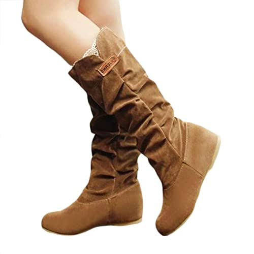 ticticlily Damen Overknees Langer Schaft Wildleder Warme Kniehohe Stiefel Flacher Vintage Ritter Stiefel Herbst Winter Langschaft Stiefel High Heels Winterschuhe C Khaki 43 EU von ticticlily