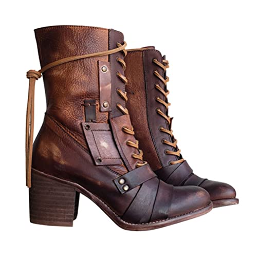 ticticlily Damen Reitstiefel Herbst Winter Stiefel Retro Runde Zehenpartie Low Heel Schnürstiefel Reißverschluss Stiefeletten High Heels Elegant Booties mit Hohen Absätzen Khaki 37 EU von ticticlily