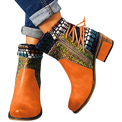 ticticlily Damen Stiefel Herbst Winter Kurze Stiefel Retro Runde Zehenpartie Low Heel Schnürstiefel Reißverschluss Stiefeletten Winterstiefeletten Orange 36 EU von ticticlily