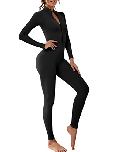 ticticlily Damen yoga jumpsuits Sport Jumpsuit gerippte Strick langarm Playsuits Sexy Hosenanzug Trainingsanzug Overall A Schwarz XS von ticticlily