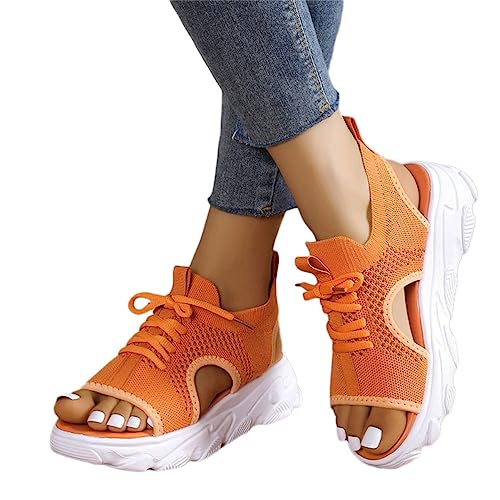 ticticlily Sandalen Damen Leichte Orthopedische Schuhe Sommerschuhe Bequeme Flach Schnürsenkel Sandaletten Sommer Barfuss Sandalette Sport Strick Sandalen Treckingsandalen A Orange 39 von ticticlily