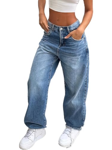 ticticlily Y2K Pants Baggy Jeans Damen High Waist Jeanshosen Vintage Straight Leg Gewaschene Mode Denim Hose Weites Bein Gerade Patchwork Lose E-Girl Hosen Streetwear A12 Blau L von ticticlily