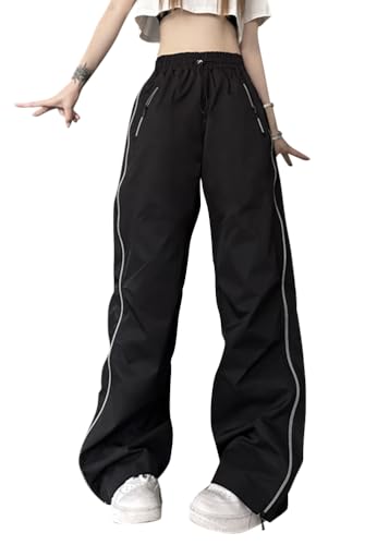 ticticlily Y2K Track Parachute Pants Teenager Mädchen 90er E-Girl Cargohose Fallschirmhosen Hip Hop Baggy Elastische Taille Hose mit Taschen Streetwear D Schwarz L von ticticlily