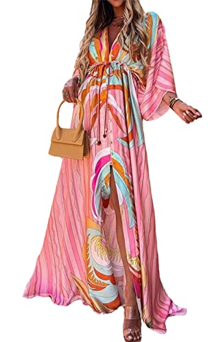 Sommerkleid Langes fließendes Boho-Strandkleid für Damen Große Größen Blumendruck Kleid A Linie Fließend Maxikleid von tinbarry