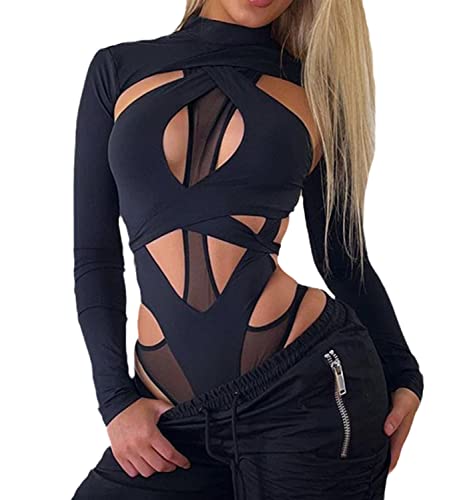 tinbarry Damen 2-Teilig Rave Outfits Body Crop Top Langarm Badeanzüge Cover-up Bikini Clubwear Mesh Shrug mit Schnalle für Festival Club Party von tinbarry