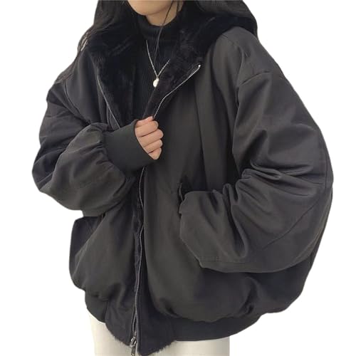 tinbarry Damen Winterjacke Baggy Doppelseitige Parka Warm Plüsch Wendejacke Fleece Gefütterter Jacke mit Kapuze Auf Beiden Seiten Parka Zip Dick Langarm Outdoorjacke von tinbarry