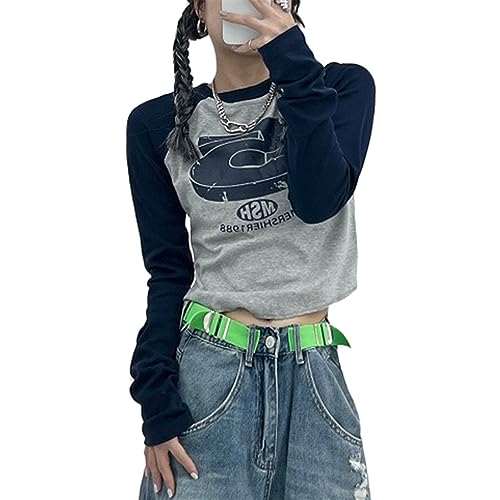 tinbarry Damen Y2K Crop Top Slim Fit Langarmshirt Harajuku Kurz T-Shirt Bauchfrei Rundhals Oberteil Vintage Strickpullover Teenage Aesthetic Tops E-Girls Streetwear von tinbarry