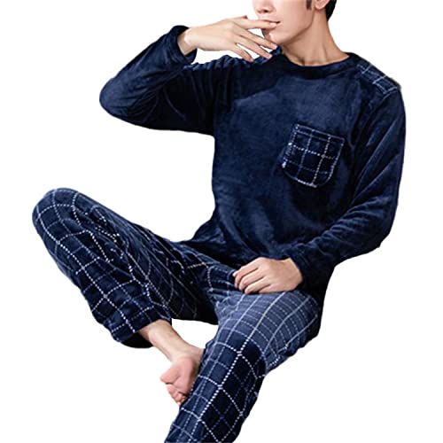 tinbarry Herren Schlafanzug Warm Lang Pyjama Set Winter Zweiteiliger Männer Fleece Schlafanzug Langarm Shirt und Pyjamahose Zweiteilig Set Langarm Nachtwäsche mit Tasche Sleepwear Hausanzug von tinbarry