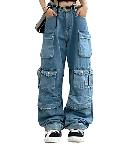 tinbarry Jeans Damen Y2K Cargohose Baggy Denim Hosen Straight Leg Jeanshose Hip Hop Boyfriend Cargo Jeans Vintage Bedruckte Loose Pants 90er E-Girl Streetwear von tinbarry