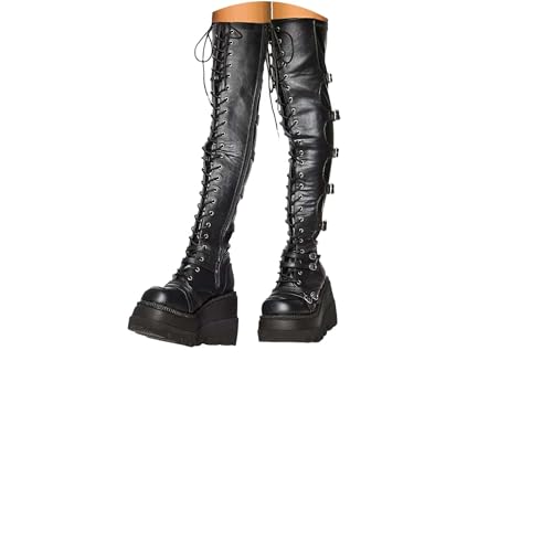 tinbarry Overknee Stiefel Damen Langschaftstiefel Gothic Punk Schwarz Plateaustiefel PU Leder Schnürstiefel Kniehohe Keilabsatz Stiefel Reißverschluss Winterschuhe mit Gürtel Schnalle von tinbarry