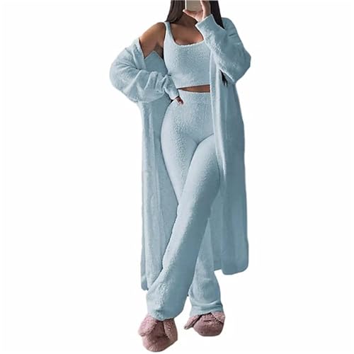 tinbarry Pyjama Set Damen 3-Teiliger Schlafanzug Warm Lang Pyjama Set Winter Fleece Nachtwäsche Loungewear Plüschjacke + Tank Top + Pyjamahose 3 teiliges Set Jogginganzug von tinbarry