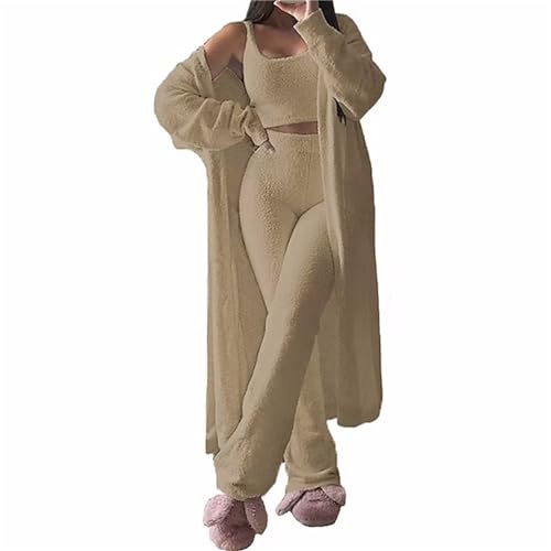 tinbarry Pyjama Set Damen 3-Teiliger Schlafanzug Warm Lang Pyjama Set Winter Fleece Nachtwäsche Loungewear Plüschjacke + Tank Top + Pyjamahose 3 teiliges Set Jogginganzug von tinbarry