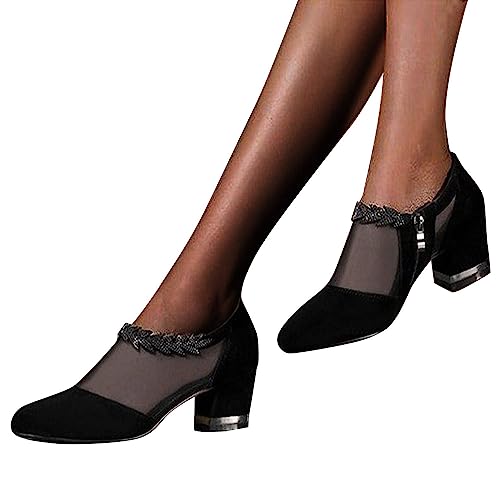 tinbarry Sandalen Damen Mesh Spitze Sommerstiefel mit Blockabsatz Elegant Sommerschuhe Slip on Freizeitschuhe Atmungsaktiv Blumenmuster Strass Partyschuhe von tinbarry