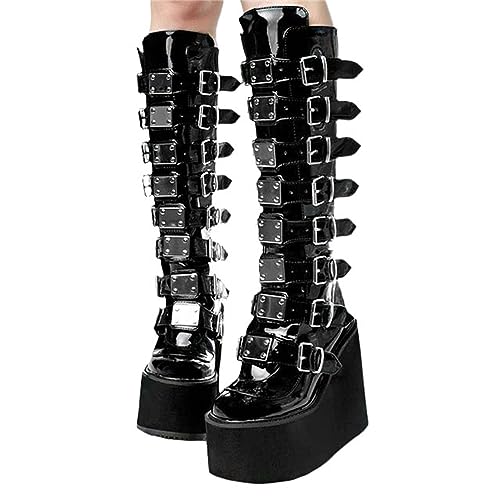 tinbarry Stiefel Damen Kniehohe Winterstiefel Gothic Punk Plateau Stiefel Keile PU Lederstiefel Vintage Keilstiefeletten Blockabsatz Kampfstiefel Zipper Wedges Boots von tinbarry