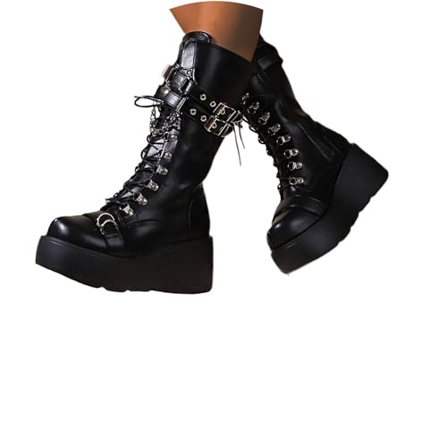 tinbarry Stiefel Damen Kniehohe Winterstiefel Gothic Punk Plateau Stiefel Keile PU Lederstiefel Vintage Keilstiefeletten Blockabsatz Kampfstiefel Zipper Wedges Boots von tinbarry