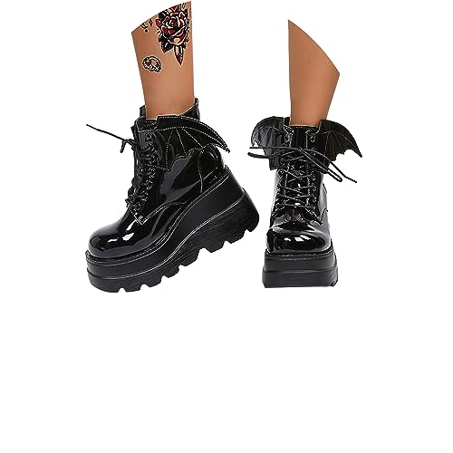 tinbarry Stiefeletten Damen Lackleder Stiefel Gothic Punk Schnürstiefel mit Absatz Plateau Kurzschaft Schnürstiefel Reißverschluss Elegant Ankle Boots Lack Damenschuhe von tinbarry