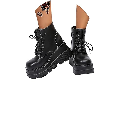 tinbarry Stiefeletten Damen Lackleder Stiefel Gothic Punk Schnürstiefel mit Absatz Plateau Kurzschaft Schnürstiefel Reißverschluss Elegant Ankle Boots Lack Damenschuhe von tinbarry