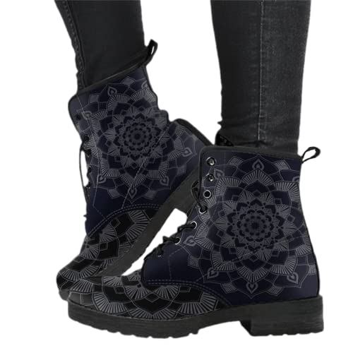 Damen Gothic Stiefel Chelsea Ankle Boot Punk Stiefeletten Knöchel Stiefel Blockabsatz Retro Drucken Kurze Stiefeletten Chunky Heels von tinetill