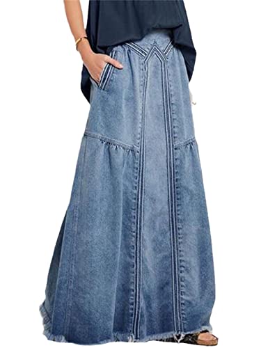 Jeansrock Damen Sommerrock Röcke A-Linie Lässig Blau Denim Jeans Rock A-Linie Maxirock Lange Denim Rock Hohe Taille Jeansskirt Stretch von tinetill