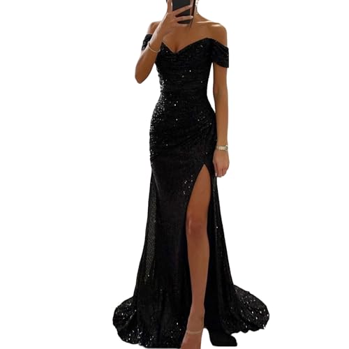 tinetill Abendkleid Damen Lang Pailletten Kleid Ärmellos Partykleid Glitzer Cocktailkleid Mit Schlitz V-Ausschnitt Ballkleider Maxikleid Bodycon Kleid Etuikleid Elegant von tinetill