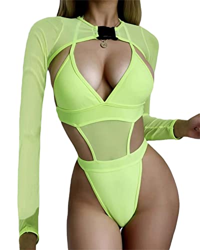 tinetill Body Damen Tankinis Badeanzüge 2-Teilig Neon Rave Outfit mit Y2K Langarm Crop Top Cover-up Bikini Set für Festiva Clubwear von tinetill