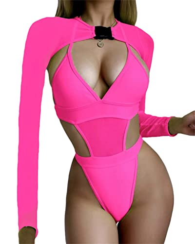 tinetill Body Damen Tankinis Badeanzüge 2-Teilig Neon Rave Outfit mit Y2K Langarm Crop Top Cover-up Bikini Set für Festiva Clubwear von tinetill