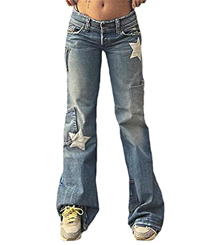 tinetill Cargohose Damen Baggy Jeans Y2K Freizeithosen Wide Leg Hosen Vintage Straight Denim Pants Sterne Flared Jeanshosen mit Tasche 90er E-Girl Streetwear von tinetill