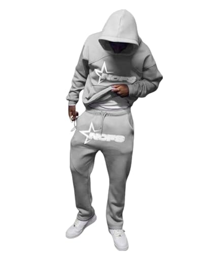 tinetill Herren Trainingsanzug Buchstaben Druck Sportbekleidung Y2K Hip Hop Jogginganzug Hoodies mit Kapuze und Jogginghosen Lose Oberteile und Sporthosen 2 Teile Hausanzug von tinetill