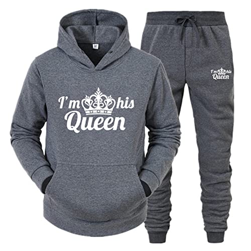 tinetill King Queen Pullover Sportanzug 2 Stücke Kapuzenpullover Couple Jogginganzug Freizeitanzug Hoodie und Hose Set für Paare von tinetill