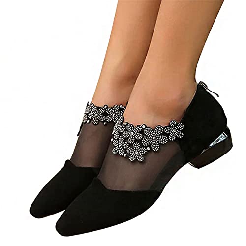 tinetill Sommerstiefel Damen Sandalen mit Niedriger Absatz Spitze Blumenmuster Mesh Sandalen Strass Freizeitschuhe Hohle Sommerschuhe Slip on Elegante Sandalen, Schwarz, 43 EU von tinetill