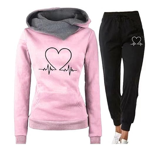 tinetill Trainingsanzug Outfit Damen Jogginganzug Set 2 Teilig Herzmuster Heartbeat Print Hoodie Sweatshirt Outfit Hoher Taille Fleece Sport Hosenanzug Streetstyle Set von tinetill