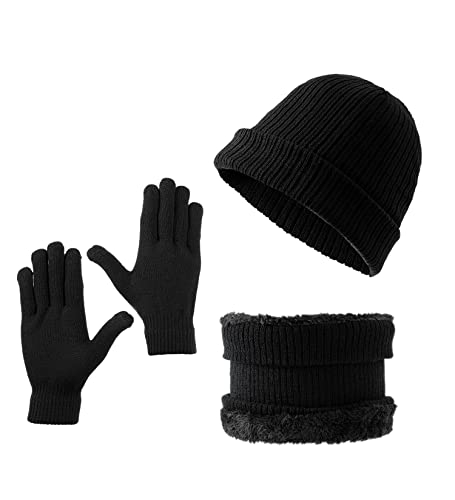 tonten Winter-Mütze, Schal, Touchscreen-Handschuhe, 3-teiliges Set für Männer und Frauen, Handschuhe, Mütze, Halswärmer mit warmem Fleecefutter (Schwarz) von tonten