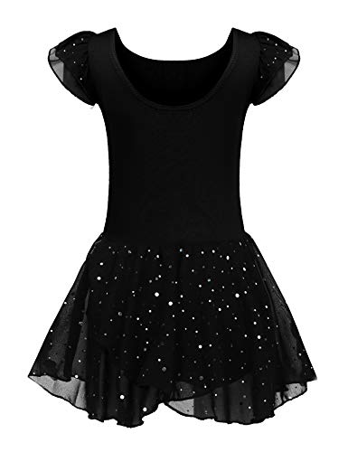 Kinder Ballettkleidung Ballettkleid Mädchen Kurzarm Baumwolle Balletttrikot Ballettanzug Tanzkleid Tanzbody mit Rock Tütü, 120, Schwarz von trudge