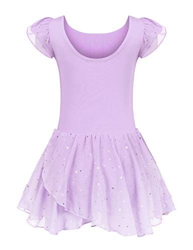 Kinder Ballettkleidung Ballettkleid Mädchen Kurzarm Baumwolle Balletttrikot Ballettanzug Tanzkleid Tanzbody mit Rock Tütü, Lila, 130 / 4-5 Jahre von trudge