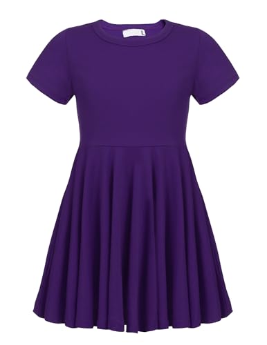 Trudge Mädchen Swing Kleider für Kinder Sommerkleid Hem Skaterkleid Kurzarm T Shirt Kleid Baumwolle Prinzessin Kleid einfarbig Basic FatternKleid Rundhals Freizeitkleidung Gr.92-164, A Lila, 140 von trudge