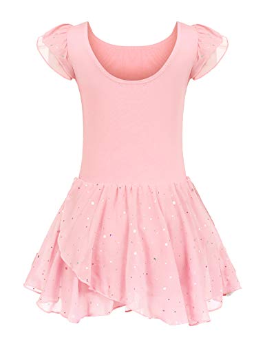 trudge Kinder Ballettkleidung Ballettkleid Mädchen Kurzarm Baumwolle Balletttrikot Ballettanzug Tanzkleid Tanzbody mit Rock Tütü, 120, Rosa von trudge