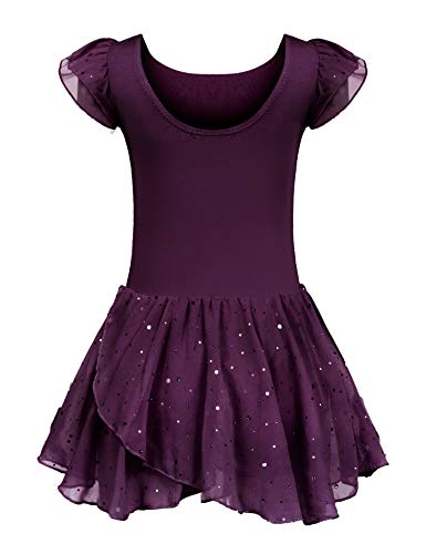 trudge Kinder Ballettkleidung Ballettkleid Mädchen Kurzarm Baumwolle Balletttrikot Ballettanzug Tanzkleid Tanzbody mit Rock Tütü (, /4-5 Jahre), 130, Lila B von trudge