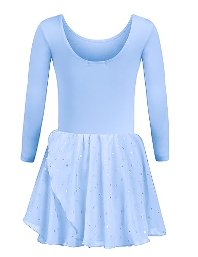 trudge Kinder Ballettkleidung Mädchen Ballettkleider Langarm Ballett Trikot mit Chiffon Tütü Tanzkleid Ballettanzug Blau 140/5-6 Jahre von trudge