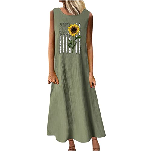 Damen Sommerkleid Baumwolle Leinen Tankkleid Bedrucktes Maxikleid S-3XL äRmellose Rundhalsausschnitt Lose KnöChellange Freizeitkleid Strandkleid LöWenzahn Liebe Herz Drucken Casual Frauen MäDchen von tsaChick