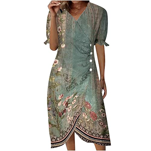 Damen Sommerkleid Kurzarm Bleistiftkleid S-3XL BlüTenblatt äRmel V-Ausschnitt Boho Maxi Kleid LäSsiges Knielanges Schmaler Passform Streetwear Kleid Floral Bedruckt Frauen MäDchen Umstandskleider von tsaChick