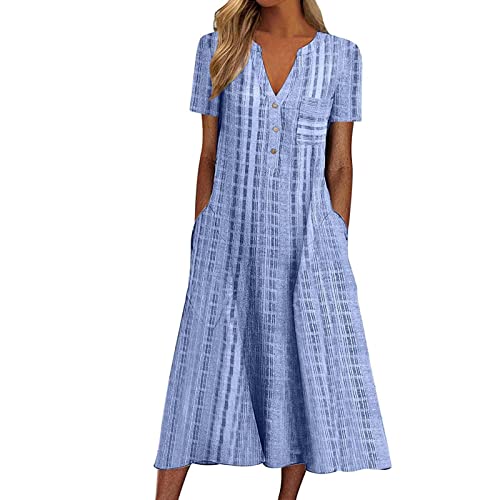 Damen Sommerkleid Kurzarm Plissiertes Freizeitkleid Tasche Knopf VerschöNert Halbe äRmel V-Ausschnitt Bedruckt Urlaub LäSsig Langes Kleid Polka Dot Streifen Druck Frauen MäDchen Umstandskleider von tsaChick