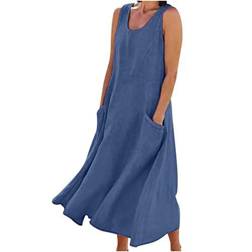 Damen Sommerkleid Lang Baumwoll Leinen Tankkleid S-5XL Tasche Unifarbenes äRmelloses V-Ausschnitt Locker Holiday Freizeitkleid Casual Neckholder Wadenlang Maxikleid Frauen MäDchen Umstandskleider von tsaChick