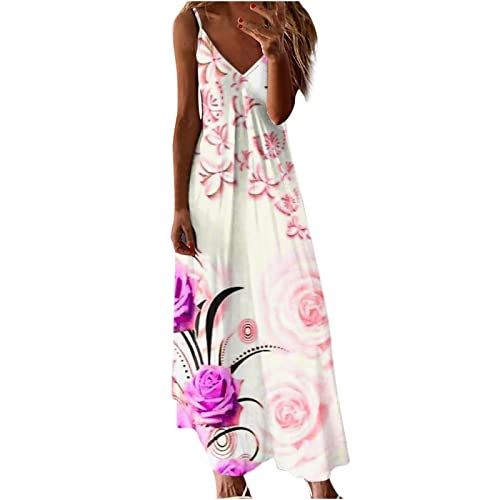 Damen Sommerkleid Lang Cami Blumen Maxikleid Spaghetti TräGer Tief V-Ausschnitt KnöChellanges Sling Strandkleid äRmelloses Floral Druck Freizeitkleid Frauen MäDchen Umstandskleider von tsaChick