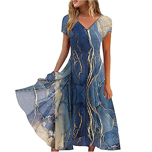 Damen Sommerkleid Lang Marmoriertes Chiffonkleid S-5XL Holiday Casual Kurzarm V-Ausschnitt Slim Fit Strandkleid UnregelmäßIger Saum Elegantes Wadenlanges Maxikleid Frauen MäDchen Umstandskleider von tsaChick