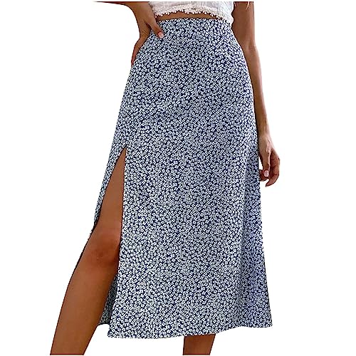 Frauen 2023 Sommer Frühling Boho Lange Röcke Kleid Floral Print Elastische Taille Split Rüschen High Low Strand Maxi Rock ZZ 2 Blue S 34 von tsaChick