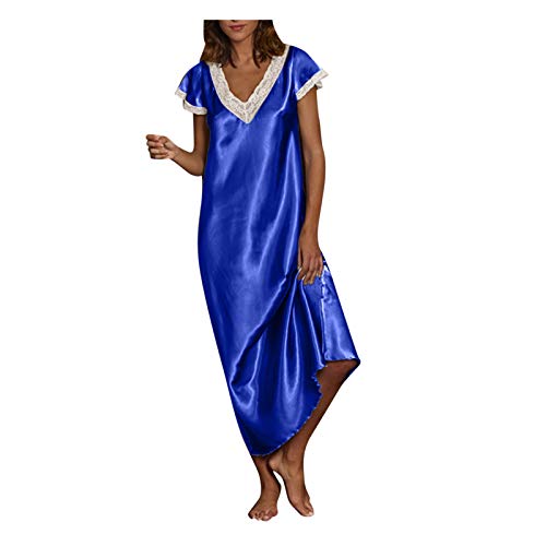 Home Pyjama Kleid Damen S-5XL Solide Homewear Dress Satin Langes Konservatives Nachthemd Kleid Kurzarm V-Ausschnitt Loungewear Schlafanzug Spitzen Satin Nähte Wadenlanges Kleid Ladies Kleider von tsaChick