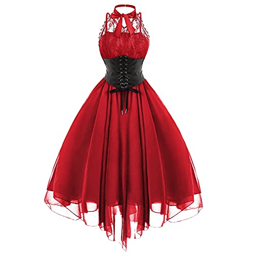 Partykleider Damen Elegant Halter Gothic Kleid Neckholder RüCkenfrei Crossover TräGer Stretch Taille GroßEr Rock Spitze Chiffon SpleißEn Langes Kleid Dresses for Women Solide Halloween Kleid von tsaChick