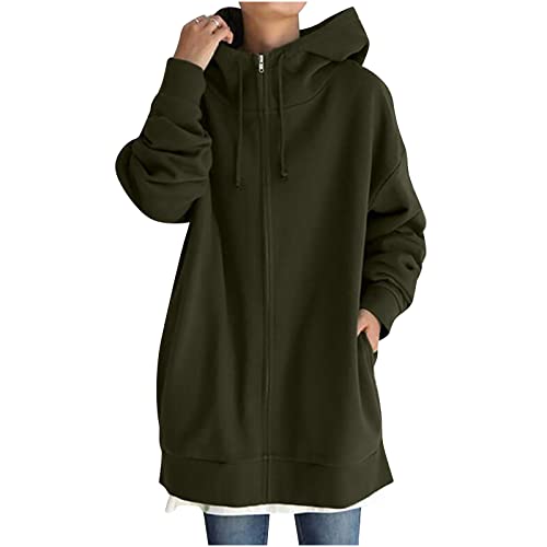 Pullover Strickjacken Jacken Damen Lässige Outwear Jacken mit langen Ärmeln und Kapuze Frauen Einfarbig Hoodie Reißverschluss Langarm Sweatshirts Lange Mantel Tops Mit Taschen Armeegrün 4XL CJ11 von tsaChick