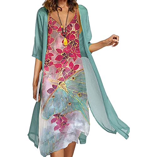 S-3XL Sommerkleid Damen Elegant 2 Teiliges Bedrucktes Freizeitkleid Set Solide Halblange Kurzarm Chiffon Strickjacke Lose Halfter Druck Wadenlanges Kleid Strandkleid Sonnenkleid Dresses for Women von tsaChick