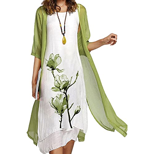 S-3XL Sommerkleid Damen Elegant 2 Teiliges Bedrucktes Freizeitkleid Set Solide Halblange Kurzarm Chiffon Strickjacke Lose Halfter Druck Wadenlanges Kleid Strandkleid Sonnenkleid Dresses for Women von tsaChick